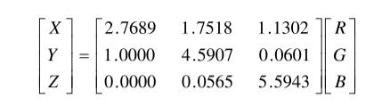 X、Y、Z和RGB系數(shù)之間關(guān)系式
